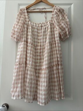 En Saison Blush and White Gingham Puff-Sleeve Mini Dress
